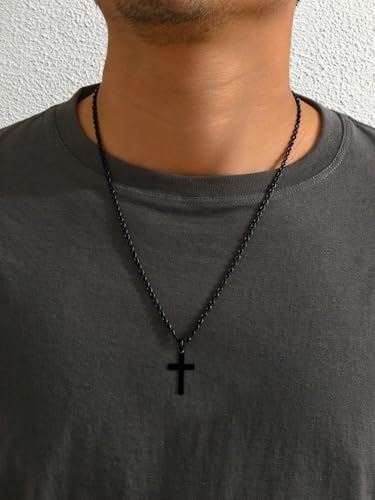 Cross Necklace for Boys Mens Stainless Steel Twisted Rope Chain Cross Pendant Rustproof Necklace for Teen Boy Mens Christian First Communion Confirmation Gifts for Boys - color: Black