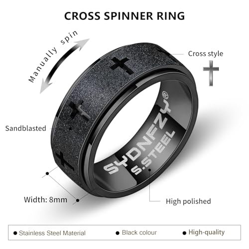 Anxiety Spinner Ring for Men - Stainless Steel Fidget Spinner Ring, Band Cross Thumb Roating Rings for Stress Relief 8mm Anxiety Relieve Fidget Toys for Adults Ring Size 6 7 8 9 10 11 - color: Black