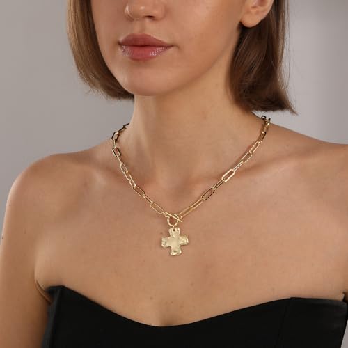Bheop Chunky Cross Necklace for Women, 14K Gold Silver Statement Necklace - color: GD-Toggle Necklace(1 inch Pendant)