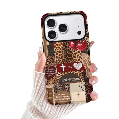 for iPhone 17 Pro Max 6.9'' Brown Cheetah Christian Phone Case - color: Red Cherry Leopard Collage, size: iPhone 17 Pro Max