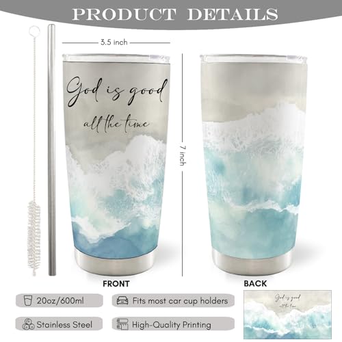 Coastal Beach Christian 20oz Travel Coffee Mug Tumbler, Christian Gifts for Women Men, God Is Good All the Time Bible Verse Stainless Steel Tumbler with Lid and Straw - color: good