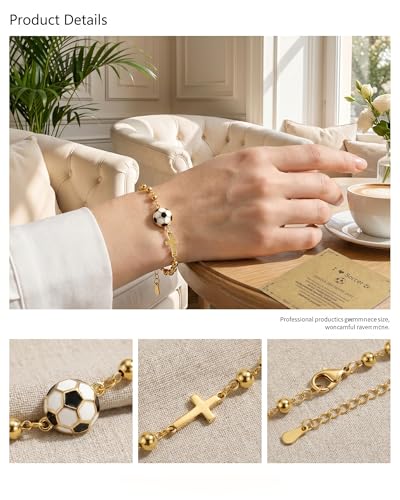 Gold-Tone Cross Link Bracelet with Sports & Heart Charms - Basketball Football Bracelet for Women, Faith-Inspired Christian Gifts for Women (Adjustable Chain) - color: Golden Soccer