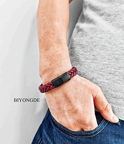 Handmade Braided Leather Bracelet, Black Stainless Steel Clasp, Mens, Cool Classic Stylish - color: Burgundy