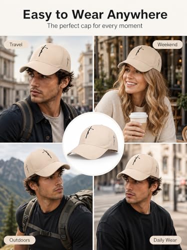 Embroidered Cross Baseball Cap, Christian Adjustable Snapback Hat for Men & Women, Structured Dad Hat with Jesus Faith Design - color: Beige