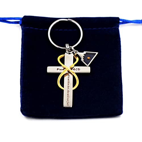 Uloveido Stainless Cross Infinity Keychain Mustard Seed Charms Psalm 46:5 Christian Bible Quote Keyring Baptism Gift - style: Triangle Mountain