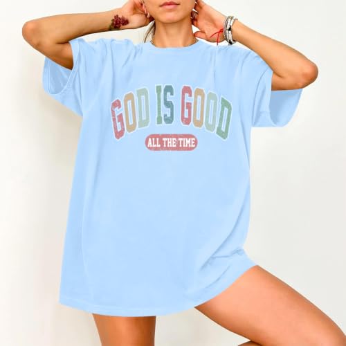 Christian Shirts for Women Oversized God is Good Shirt Religious Jesus Faith Inspirational Tshirt Bible Verse Tee Top - color: Light Blue, size: Small
