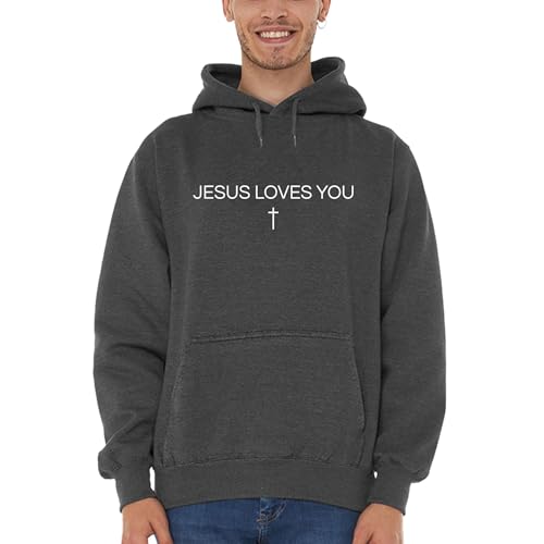 shop4ever Jesus Loves You Minimal Cross Hoodie Sweatshirts - color: Charcoal, size: 3X-Large