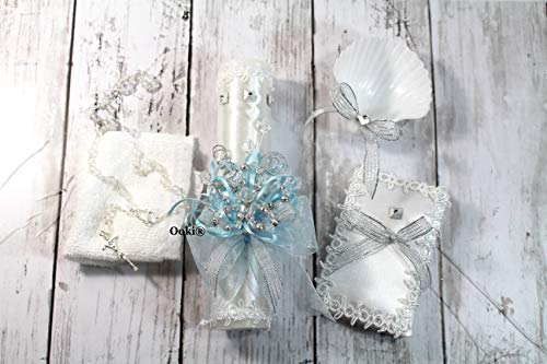 Elegant 5 Piece Baby Baptism Candle Set Favors Girl Boy White Set de Bautizo Espanol Nina Nino Berries Communion Lace (Blue) - color: Blue