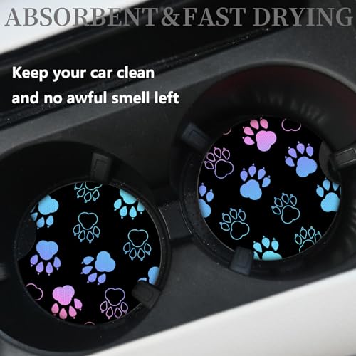 Absorbent Car Coasters for Cup Holders, 2 Pack Universal Neoprene Car Coasters with Finger Slot, Auto Accessories for Women & Men,2.56"(Gradient Black Dog paw Print) - color: Gradient Black Dog Paw Print