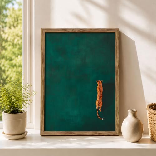 Vintage Cheetah Wall Art, Minimalist Dark Green Leopard Canvas Wall Decor Painting, Trendy Modern Animal Artwork Print Picture for Living Room Bedroom Office 16x24 Inch Framed - color: Green Leopard, size: 24"L x 16"W