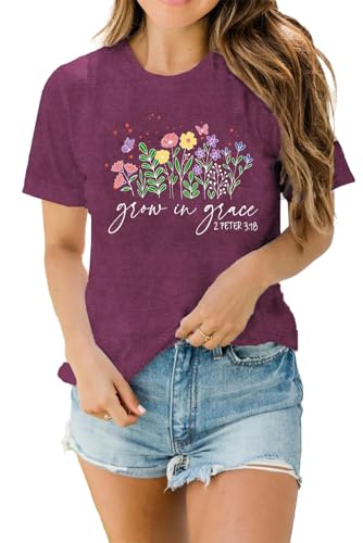 LBP Womens Christian Wildflowers Shirts Grow in Grace Shirt Bible Verse Faith-Based Tee Tops - color: Darkred, size: Medium