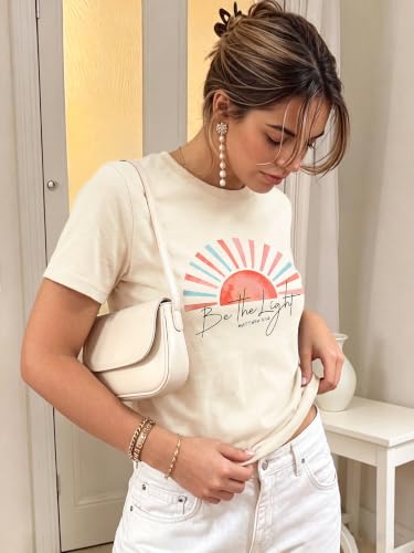 Christian Shirts for Women Be The Light Tshirts Crewneck Graphic Tees Tops - color: Beige, size: Large