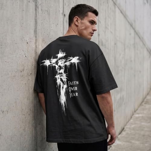 BINTEHGS Christian Faith Over Fear Shirt Jesus Cross T Shirts for Mens Oversized Religious Tshirts God Vintage Graphic Tee - color: Black, size: X-Large