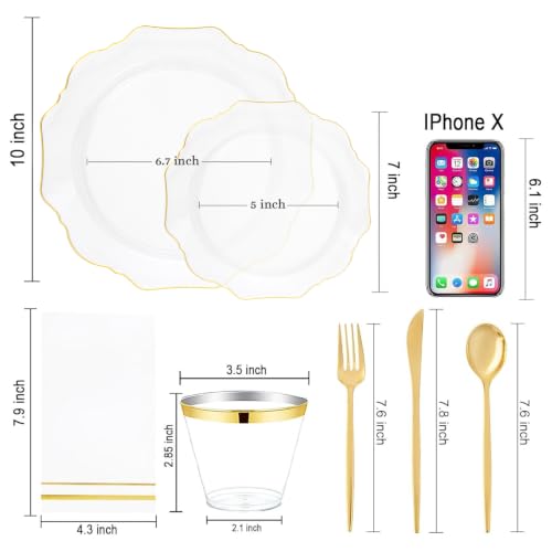 WDF 175Pcs Gold Plates Disposable - White and Gold Plastic Plates 25guest Plastic Dinnerware Ideal for Party/Wedding/Thanksgiving/Fall/Rosh Hashanah - color: White and Gold, size: 175 pieces