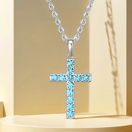 Birthstone Cross Necklace for Women,First Communion Gifts Easter Baptism Cross Jewelry Pendant Gift - color: 03March-Aqua Blue