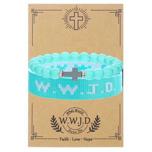 WWJD What Would Jesus Do Christian Stackable Bracelet Set for Women Men, Inspirational Faith Cross Beaded Elastic Wristbands, Religious Bible Verse Jewelry Gift for Church - color: Blue 2pcs B