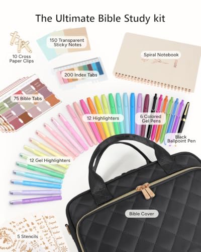 Quilted Bible Cover Case for Women with All-in-One Bible Journaling Kit - color: Black