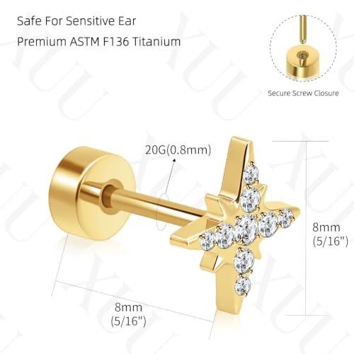 XUU 20G Flat Back Stud Earrings ASTM F136 Titanium & Sparkling CZ - color: gold cross star