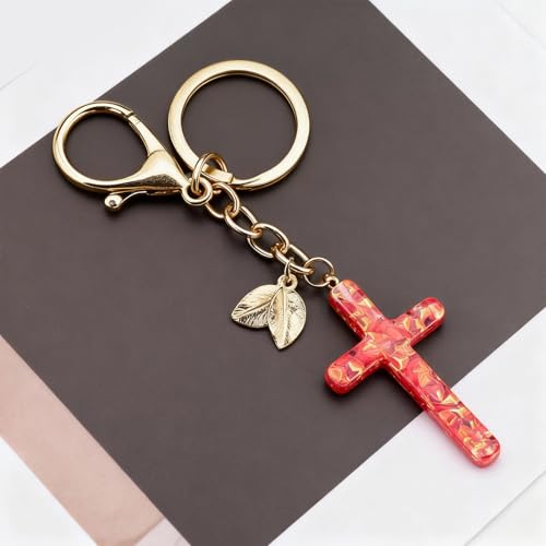 Angyape Cute Christian Cross Keychain for Women Purse Bag Charms Car Key Rings Accessories Flower Design Jesus Faith Gifts - color: N:red