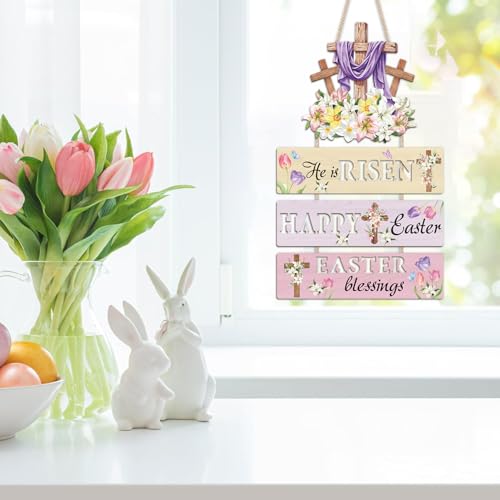 IARTTOP He Is Risen Easter Cross Floral Wooden Hanging Sign - color: Cross