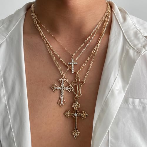 Layered Cross Necklace Set for Women Men – Multi Chain Gold Silver Cross Pendant Jewelry with Rhinestone Accents, Vintage Punk Gothic Style Jewelry Gifts - color: A: Gold