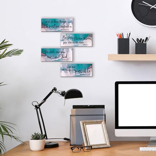 4 Pcs Teal Bathroom Decor Christian Wall Art Abstract Bible Verse Wall Decor Rustic Inspirational Wood Bathroom Accessories For Bedroom Kitchen Office(10 x 4 Inches, Teal) - color: Teal