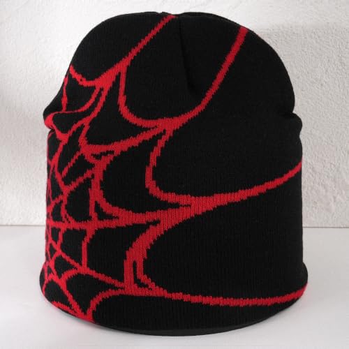 Unisex Stretch Warm Winter Skull Cap, Cold Weather Knit Beanie - color: Red Spider Web Pattern
