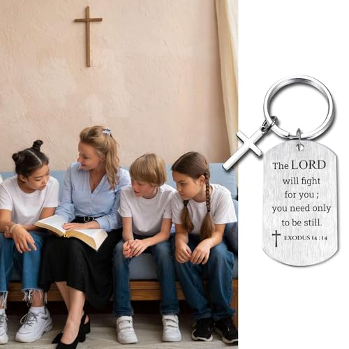 Inspirational Scripture Keychain with Cross - Bible Verse Matte Key Chain Religious Gift for Christian - style: Exodus 14:14