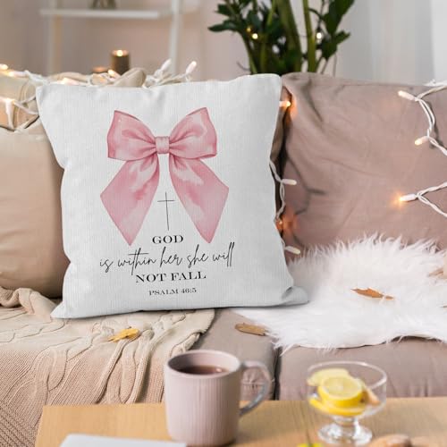 Coquette Pink Bow Christian Throw Pillow Covers 18x18, God Is Within Her She Will Not Fall Bible Verse Decorative Pillow Covers for Girls Room Bedroom Dorm, Preppy Accent Pillows Cover Pillowcases - color: Pink Bow