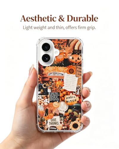Autumn Collage Pumpkin Witch Halloween Case for iPhone 16, Retro Aesthetic TPU Bumper Cover, Wireless Charging Compatible - color: Autumn Collage Pumpkin