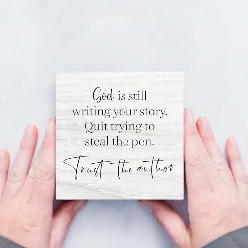 Bible Verse Decor Box Sign for Home Church, God Is Still Writing Your Story Trust the Author, Christian Wooden Sign 5x5 Inches - color: Navy