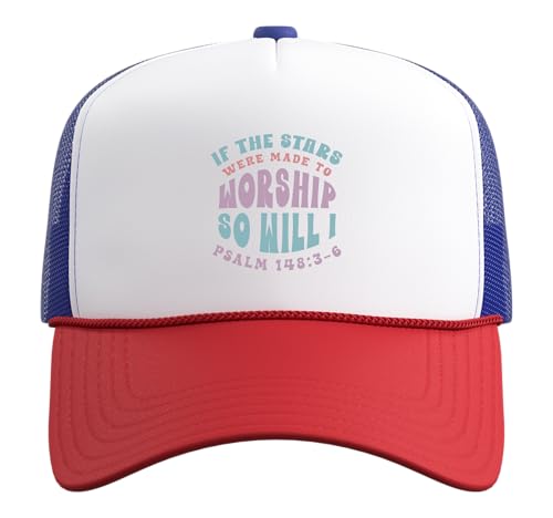 Christian Faith If Stars were Made to Worship Bible Verse Trucker Hat with Adjustable Mesh Back - color: Red/White/Royal Blue