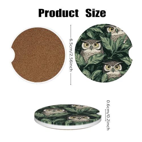 Ceramic Car Cup Coasters 2PCS - Green Leaf Owl - color: Green Leaf Owl