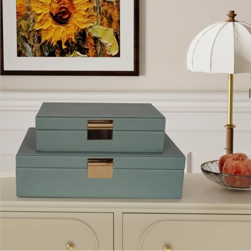 Decorative Storage Box Set of 2, PU Leather Organizer for Home Decor Green - color: Green