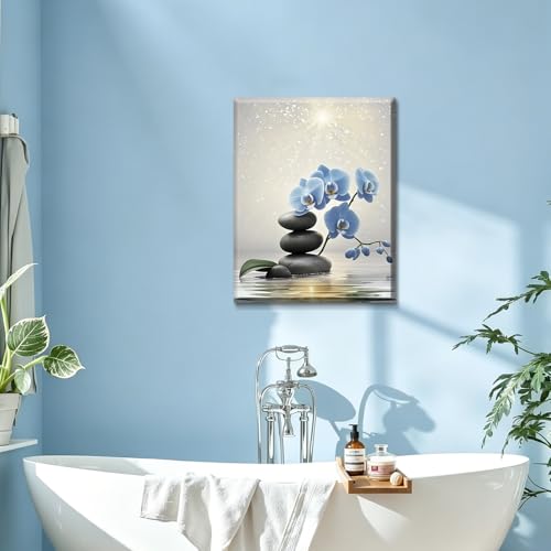 QPOKLAF Blue Bathroom Wall Art Canvas Prints Zen Orchid Wall Decor,Spiritual Yoga Framed Poster Modern Bedroom Office Wall Decoration 12"x16" - color: Blue Zen Orchid Wall Decor (Ready to Hang)