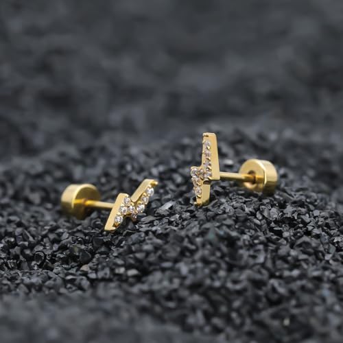 XUU 20G Flat Back Stud Earrings ASTM F136 Titanium - color: gold lightning bolt