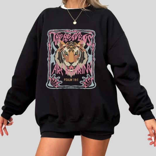 FITIN Unisex The Heavens Are Roaring Psalm 19:1 Sweatshirt – Christian Tiger Graphic Faith Crewneck - color: Black, size: Medium