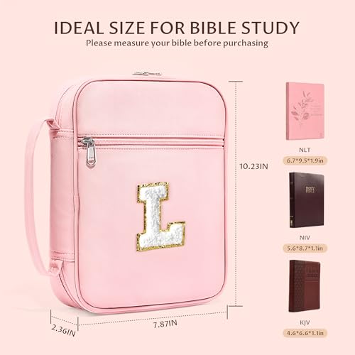 WOBAGMEN Bible Cover for Women,Pink PU Leather Personalized Bible Case with Bible Study Supplies,Including Tabs and Highlighter Set, Faith Chiristain Gift for Women Girls(Pink, L) - size: L