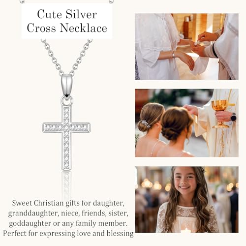 Cross Necklace for Girls Women, Baptism Easter First Communion Confirmation Gifts - 16"+2" Silver Plated Tiny Cross Necklace, Religious Jewelry Gifts for Daughter Granddaughter Goddaughter - style: First Communion