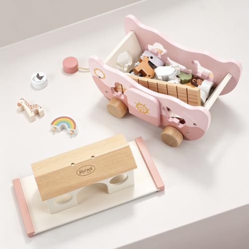 Joyreal Pink Wooden Noah's Ark Toy for 1 Year Old Baby Girl Baptism Gifts - color: Pink