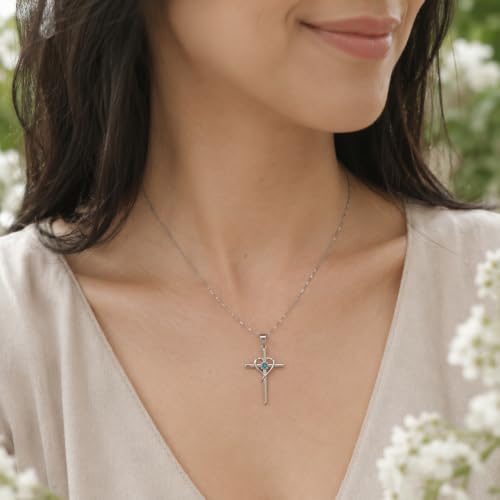 Cross Heart Necklace, 18K Gold Plated Crystal Pendant for Women - color: White-Light Turquoise