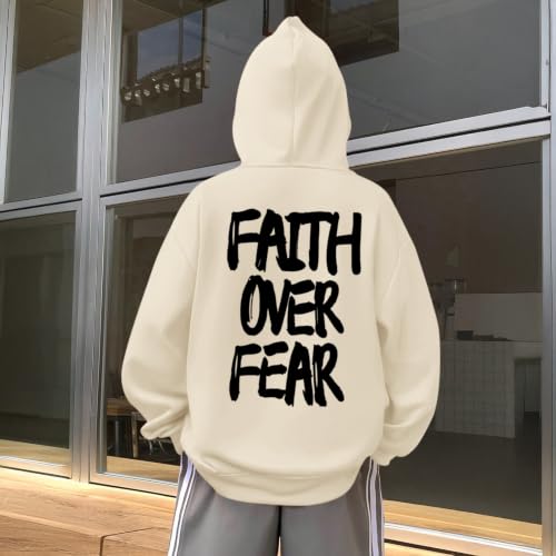 Boys Christian Faith Over Fear Hoodie Kids Jesus Religious Hoodies Inspirational Bible Verse Sweatshirt Pullover top - color: Apricot, size: 11-12 Years