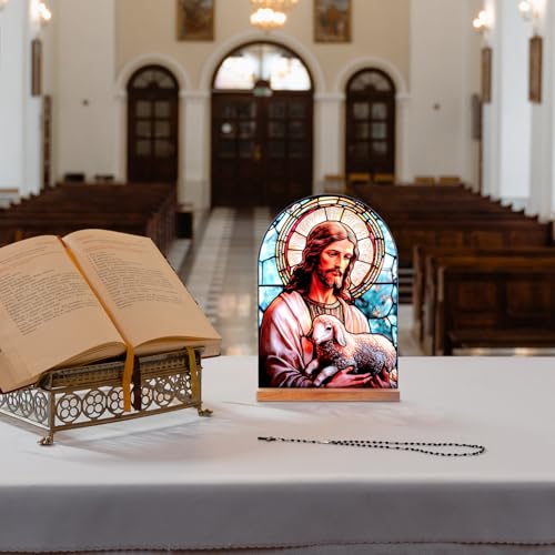 KOMI Jesus and Lamb Catholic Ornament Statue Tabletop Decor Acrylic Standing Desk Sign Home Altar Decor Christian Gifts