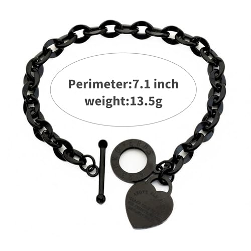 Heart Charm Bracelet Plated 18K Gold/Silver/Rose Gold Bible Scripture Heart Bracelet for Women Jewelry Gift Her Link Chain OT Clasp Stainless Steel - color: Black(7.1 inch)