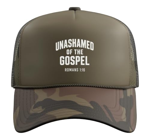 Unashamed of the Gospel, Christian Teen Romans 1:16 Trucker Hat with Adjustable Mesh Back - color: Camo Green