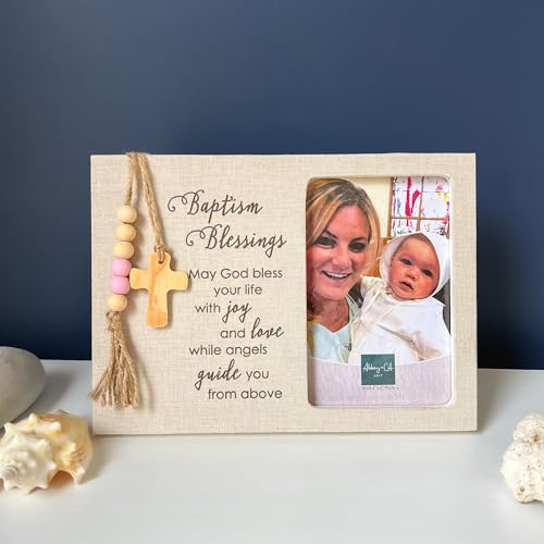 Abbey + CA Gift Baptism Blessings Picture Frame, Baptism Gift for Catholic and Christian Baby Girls, For 4 x 6 Inch Photo - color: Pink Baptism