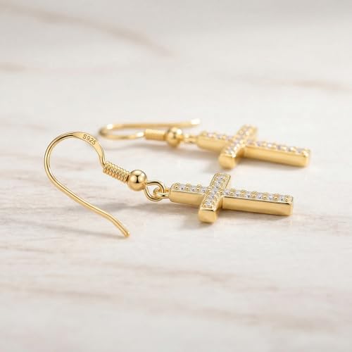 Cross Earrings for Women with 925 Sterling Silver Hooks for Sensitive Ears - color: Gold Tone, CZ