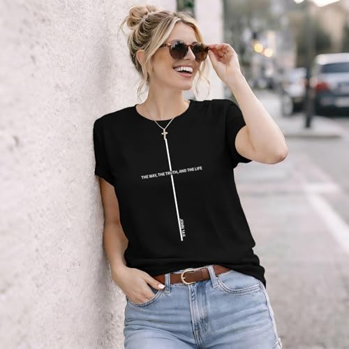 Christian Shirt for Women Jesus Cross Faith Religious Bible Verse T Shirt The Way The Truth The Life Graphic Tees - color: Black, size: Medium