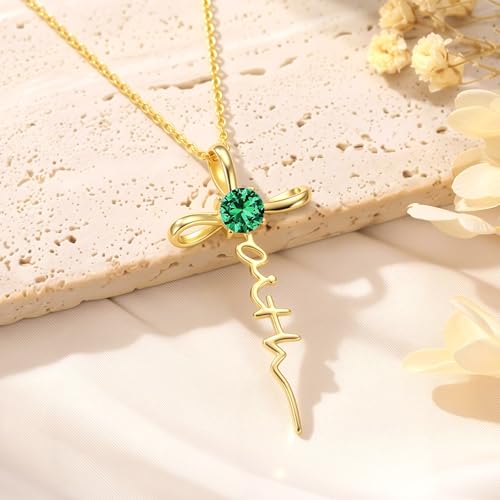 Gold Birthstone Faith Cross Infinity Necklace 14K Gold Religious Cross Pendant Necklaces with Birthstone Jewelry Christian Faith Mothers Day Gifts for Mom Wife Daughter - style: Gold-5