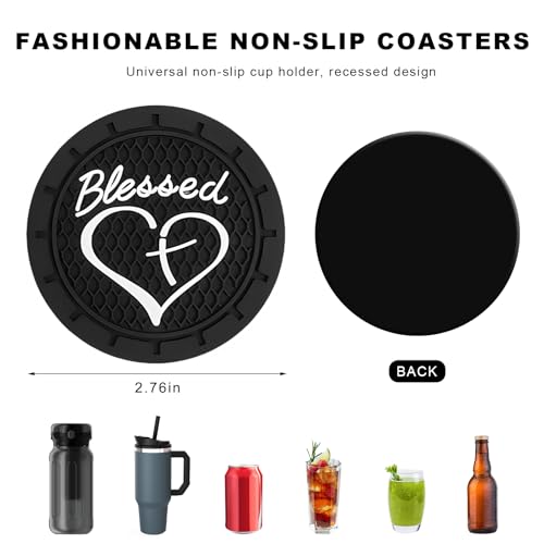 2PCS Car Cup Holder Coaster, 2.76 Inch PVC Anti Slip Car Cup Insert Coaster with Blessed Cross and Heart, Shockproof Dustproof Drink Mat Universal for Most Vehicles Interior (Black) - color: Black